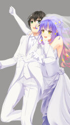  1boy 1girl :3 :d absurdres alternate_hairstyle arm_up bare_shoulders black_hair blue_hair blush bridal_gauntlets bridal_veil bride clenched_hand collared_shirt commentary couple covered_navel dress dress_flower eyelashes eyes_visible_through_hair feet_out_of_frame flower gloves gradient_hair green_eyes grey_background groom hair_between_eyes hair_flower hair_ornament half_updo happy hetero highres hug hug_from_behind kohibari_kurumi long_dress long_hair long_sleeves looking_afar looking_at_another looking_back multicolored_hair necktie open_mouth orange_hair pants reiji_tsukimi rose shirt short_hair simple_background smile sparkling_eyes spiky_hair standing strapless strapless_dress suit tanikaze_riku tenshi_souzou_re-boot! v-shaped_eyebrows veil veil_lift wavy_hair wedding_dress white_dress white_flower white_gloves white_necktie white_pants white_rose white_shirt white_suit yellow_eyes yellow_flower 
