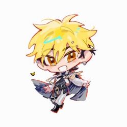  1boy alternate_costume belt black_belt black_boots black_cape black_hair black_shirt blonde_hair blush boots brown_eyes cape chibi chibi_only commentary_request ear_piercing earrings epaulettes eyebrow_piercing face_piercing full_body hair_between_eyes heart jacket jewelry long_sleeves looking_at_viewer lowres male_focus multicolored_hair open_mouth orange_eyes pants piercing shiguang_dailiren shirt short_hair simple_background smile solo two-tone_hair tyoookozuki white_background white_jacket white_pants xia_fei 