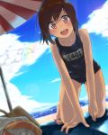  1girl beach_umbrella blurry brown_eyes brown_hair clouds cloudy_sky depth_of_field dutch_angle highres i-401_(kantai_collection) kantai_collection kneeling koppeosechi leaning_forward lens_flare ponytail rainbow sandals sky skyline smile swimsuit 