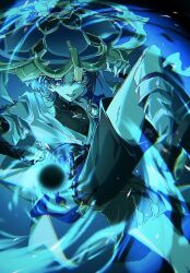  1boy arm_at_side armor black_bodysuit black_bow black_bridal_gauntlets black_hole black_sandals black_shorts blue_background blue_cape blue_eyes blue_gem blue_hair blue_hat blue_jingasa blue_theme blunt_ends bodysuit bow bridal_gauntlets bright_pupils cape commentary_request feathers fox_shadow_puppet gem genshin_impact gold hakama hakama_shorts hand_up hat highres japanese_armor japanese_clothes jingasa juban kimono knee_up kote kurokote leg_warmers long_eyelashes looking_at_viewer male_focus mkr_aknk714 open_clothes open_kimono open_mouth pleated_shorts purple_rope rope sandals scaramouche_(genshin_impact) short_sleeves shorts shoulder_peek side_cape solo stirrup_legwear toeless_legwear tsurime vortex wanderer_(genshin_impact) white_kimono white_leg_warmers white_pupils wolf_cut yellow_feathers zouri 