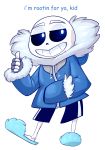  1boy 2016 absurdres english fingerless_gloves gloves highres hood hoodie sans shorts skeleton slippers smile solo thumbs_up transparent_background undertale zimmycup zipper 