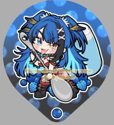  1girl black_hair blue_eyes blue_hair blueberry chibi collar colored_inner_hair commentary english_commentary food fruit full_body hair_ornament head_wings heterochromia indie_virtual_youtuber isaa_corva kella_(artist) long_hair looking_at_viewer mole mole_under_eye multicolored_hair open_mouth orange_eyes solo spiked_collar spikes spoon streaked_hair tongue tongue_out two_side_up virtual_youtuber wings x_hair_ornament 