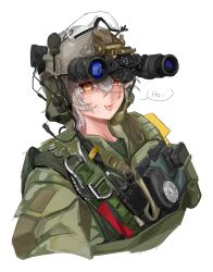  1girl absurdres bulletproof_vest chest_harness close-up combat_helmet commentary compass ear_protection epakim goggles goggles_on_headwear hair_between_eyes harness headphones helmet highres indie_virtual_youtuber looking_at_viewer medium_hair microphone multicolored_eyes night_vision_device portrait red_eyes saruei_(vtuber) scar scar_across_eye scar_on_face simple_background solo speech_bubble tactical_clothes tongue tongue_out untranslatable_commentary white_background white_hair yellow_eyes 