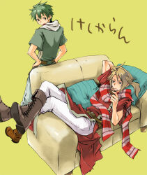  2boys arm_behind_head arm_up arms_up azusa_(12eeeeco) belt blonde_hair blue_pillow boots couch crossed_legs cushion fire_emblem fold-over_boots full_body gordin_(fire_emblem) green_hair grey_trim hands_on_own_hips hood hood_down jeorge_(fire_emblem) knee_boots leaning_back legs long_hair looking_at_another looking_back lying male_focus multiple_boys on_couch open_mouth pants ponytail red_scarf scarf short_sleeves side_slit sideways_glance stitches striped_clothes striped_scarf white_pants yellow_background 