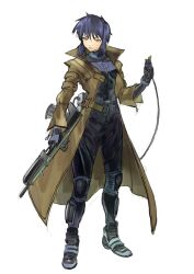  1girl absurdres black_bodysuit bodysuit bullpup cable coat commentary cyberpunk cyborg doghunt14716979 expressionless facing_viewer ghost_in_the_shell gloves gun highres holding holding_gun holding_weapon knee_pads kusanagi_motoko looking_at_viewer open_clothes open_coat purple_hair rifle science_fiction short_hair solo solo_focus standing trench_coat violet_eyes weapon white_background 