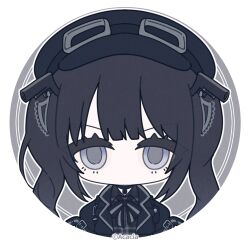  1girl arm_belt artist_request black_choker black_hair black_hat border chibi chibi_only choker copyright_notice dress goggles goggles_on_headwear grey_eyes gun_hair_ornament hair_ornament hat highres kurobe_nanoka long_hair looking_at_viewer mahou_shoujo_no_majo_saiban neck_ribbon newsboy_cap no_mouth official_art plaid_clothes plaid_dress profile_picture ribbon round_border solo twintails 