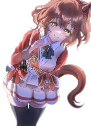  1girl absurdres animal_ears aston_machan_(flare)_(umamusume) aston_machan_(umamusume) black_bow black_bowtie black_thighhighs blush bow bowtie breasts brown_hair closed_mouth collared_shirt commentary_request green_eyes hair_ornament hair_scrunchie highres horse_ears horse_girl horse_tail jacket large_breasts leaning_forward long_sleeves looking_at_viewer pen_gorou red_sash red_scrunchie red_sleeves sash scrunchie shirt shoulder_sash skirt smile solo tail thigh-highs umamusume white_jacket white_shirt white_skirt 