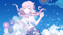  1girl balloon blue_skirt blue_sky closed_eyes closed_mouth cowboy_shot day facing_viewer floating_hair flower game_asset hair_flower hair_ornament highres holding holding_balloon long_hair midriff navel non-web_source outdoors pink_hair self-datamine shiro_(the_seven_days_i_spent_with_you) shirt short_sleeves skirt sky smile solo standing the_seven_days_i_spent_with_you variant_set white_shirt 