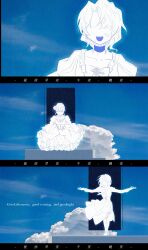 1girl beatrice_(umineko) bow bowing chinese_commentary door doorway dress english_commentary fake_sky flower formal_clothes frills hair_flower hair_ornament highres long_sleeves maid medium_hair movie_reference multiple_persona no_eyes on_stairs open_door outstretched_arms puffy_sleeves raccoonnanchair scene_reference shannon_(umineko) short_hair sky_print solo spread_arms stairs the_truman_show umineko_no_naku_koro_ni yasu_(umineko) 