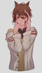  1girl absurdres agnes_tachyon_(tach-nology)_(umamusume) agnes_tachyon_(umamusume) animal_ears black_necktie black_shirt blue_nails brown_hair coat collared_shirt commentary earrings fingernails grey_background grin hair_between_eyes hands_on_own_face highres horse_ears horse_girl jewelry long_bangs long_sleeves looking_at_viewer messy_hair necktie open_clothes open_coat pappi red_eyes shirt short_hair short_necktie simple_background single_earring smile solo sweater umamusume upper_body white_coat yellow_sweater 