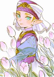 1girl absurdres aqua_eyes blonde_hair blue_sleeves child closed_mouth commentary_request cowboy_shot dress flower hat highres juliet_sleeves long_sleeves looking_at_viewer mouyi pink_flower pink_tulip pointy_ears princess_zelda puffy_sleeves simple_background solo the_legend_of_zelda the_legend_of_zelda:_ocarina_of_time the_legend_of_zelda:_ocarina_of_time_(remake) triforce tulip white_background young_zelda 