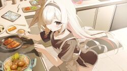  >_< 2girls :d absurdres alternate_costume apron arona_(blue_archive) black_eyes black_hairband black_shirt blue_archive blue_cardigan blue_hair bottomless bowl braid cardigan carrot celery colored_inner_hair commentary cooking cup food frilled_apron frills frying_pan hair_over_one_eye hairband halo happy highres holding holding_cup holding_spoon iv_(iv70311741) kitchen knife light_blush long_hair looking_at_viewer meat multicolored_hair multiple_girls onigiri onion open_mouth pink_hair plana_(blue_archive) plate red_halo red_pupils ribbon sauce shirt short_sleeves single_braid smile solo_focus spoon tablet_pc tile_floor tiles vegetable white_hair white_ribbon white_shirt 