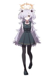  1girl arms_behind_back black_pantyhose blue_archive breasts brown_halo brown_ribbon commentary_request diagonal-striped_ribbon dress eyeball_hair_ornament full_body fuyuka_natsuki grey_hair hair_over_one_eye halo highres kanoe_(blue_archive) long_hair long_sleeves looking_at_viewer multicolored_eyes orange_halo pale_skin pantyhose pinafore_dress ribbon scar scar_on_neck shirt simple_background sleeveless sleeveless_dress small_breasts smile two-tone_eyes two_side_up white_background white_shirt 