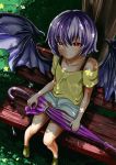  1girl bare_legs bat_wings bench bra_strap closed_umbrella collarbone commentary_request contemporary dappled_sunlight dutch_angle from_above highres hitotsuki_nebura lavender_hair looking_at_viewer no_socks off-shoulder_shirt off_shoulder outdoors red_eyes remilia_scarlet sandals shirt short_hair short_sleeves shorts sitting smile solo spread_wings sunlight touhou tree tree_shade umbrella under_tree wings yellow_shirt 