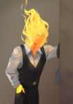  1boy elemental_(creature) fiery_hair fire formal glasses grillby hand_in_pocket meammy semi-rimless_glasses shirt signature solo under-rim_glasses undertale wall_slam 