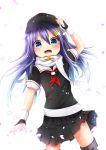  1girl akatsuki_(kantai_collection) alternate_costume anchor_symbol badge flat_cap hair_ornament hair_ribbon hairclip hat highres kantai_collection long_hair neckerchief open_mouth purple_hair ribbon scarf school_uniform serafuku skirt smile solo yuudachi_(kantai_collection)_(cosplay) 