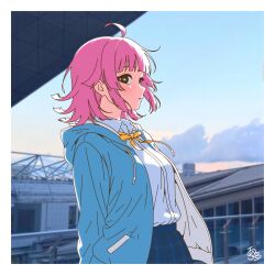  1girl absurdres ahoge blue_jacket blue_skirt border commentary_request cowboy_shot highres hood hood_down hooded_jacket jacket kishimen_hair looking_at_viewer looking_to_the_side love_live! love_live!_nijigasaki_high_school_idol_club medium_hair neck_ribbon nijigasaki_school_uniform open_clothes open_jacket outdoors photo_background pink_hair pleated_skirt ribbon school_uniform shirt sidelocks signature skirt solo summer_uniform tennoji_rina uyu1023 white_border white_shirt yellow_ribbon 