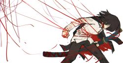  1girl aaaduorenzu absurdres black_coat black_hair bob_cut bound bound_legs breaking coat coat_on_shoulders fleeing highres id_card leaning_forward limbus_company ootachi project_moon red_coat ryoshu_(project_moon) short_hair simple_background solo string string_of_fate two-sided_coat two-sided_fabric white_background 
