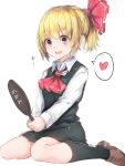  1girl alternate_hairstyle ascot black_dress black_legwear blonde_hair blush colored dress full_body hair_ribbon heart kneehighs long_sleeves mirror open_mouth ponytail red_eyes ribbon rumia shoes short_hair simple_background sitting sketch smile solo text touhou white_background wowoguni 