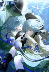 2girls ao_hoshi black_hat bow buttons clone closed_eyes collared_shirt commentary_request crying crying_with_eyes_open diamond_button disembodied_linked_eye eyeball floral_print frilled_shirt_collar frilled_sleeves frills green_eyes green_hair green_skirt hat hat_bow heart heart_of_string highres hug komeiji_koishi long_sleeves multiple_girls open_mouth print_skirt rose_print shirt skirt smile tears touhou underwater unusually_open_eyes wide_sleeves yellow_bow yellow_shirt 