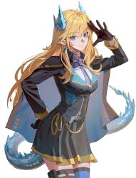  1girl absurdres asymmetrical_legwear belt belt_buckle black_gloves black_jacket black_skirt blonde_hair blue_eyes blue_horns blue_tail borrowed_character breasts brooch buckle closed_mouth coat coat_on_shoulders commission cowboy_shot double-parted_bangs dragon_girl dragon_tail earrings floating_earrings gloves gold_trim grey_belt hand_on_own_hip hand_up highres horns ice_horns jacket jewelry layered_clothes legs_together light_smile long_hair long_sleeves matsuba_(mtbsbr721) medium_breasts mismatched_legwear necktie open_hand original pointy_ears pouch purple_necktie second-party_source shading_eyes shirt sidelocks simple_background skeb_commission skirt slit_pupils solo standing tachi-e tail thigh_pouch thigh_strap white_background white_shirt 