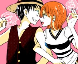  1boy 1girl atsumi_yoshioka bare_arms bare_shoulders black_hair breasts buttons collarbone commentary_request face-to-face grin hand_up hat jolly_roger locked_arms looking_at_another medium_breasts money_gesture monkey_d._luffy nami_(one_piece) one_piece open_mouth orange_hair pink_background red_vest shirt short_hair single_sidelock smile straw_hat straw_hats_jolly_roger upper_body v-neck vest white_shirt 