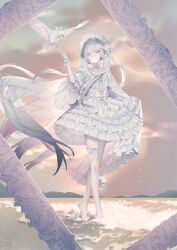  1girl absurdres accurate_lolita_coord asymmetrical_skirt barefoot beach bird collar collarbone commentary decorations detached_collar dress floating_clothes floating_hair frilled_collar frilled_dress frilled_sleeves frilled_wrist_cuffs frills gothic_lolita gradient_hair hairband heel_up highres holding_own_skirt kotarou_(kot_mochi) leg_bow leg_ribbon lolita_fashion lolita_hairband long_hair looking_to_the_side mountainous_horizon multicolored_hair neck_ribbon original petticoat pink_eyes ribbon shore single_bare_leg sky sleeves_past_wrists solo twintails very_long_hair white_dress white_hair wide_sleeves wrist_cuffs 