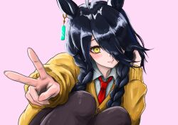  1girl ahoge animal_ears black_pantyhose blush braid closed_mouth collared_shirt ear_ornament ear_tag earrings hair_over_one_eye hair_over_shoulder hands_up horse_ears horse_girl jewelry long_bangs long_sleeves manhattan_cafe_(umamusume) miucv multicolored_hair necktie pantyhose reaching reaching_towards_viewer shirt simple_background single_earring smile solo squatting sweater twin_braids umamusume v variant_set vest white_hair white_shirt yellow_necktie yellow_sweater 