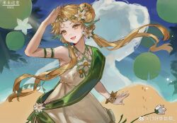  1girl arm_up bare_shoulders beach blonde_hair daffodil double_bun dress fang flower green_shawl hair_bun hair_flower hair_ornament highres lily_pad long_hair looking_at_viewer low_twintails mao_shi_hao_de narcissus_(reverse:1999) ocean open_mouth reverse:1999 sand shawl shore sleeveless sleeveless_dress smile solo twintails water webbed_hands white_dress white_flower yellow_eyes 