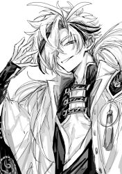  1boy abs antenna_hair armor earrings fate/grand_order fate_(series) greyscale hair_over_one_eye hand_up highres jacket japanese_armor japanese_clothes jewelry kimono long_hair long_sleeves looking_at_viewer low_ponytail male_focus monochrome multicolored_hair one_eye_covered open_clothes open_jacket parted_lips pectoral_cleavage pectorals ponytail simple_background sketch sleeves_past_wrists smile solo streaked_hair takasugi_shinsaku_(fate) tassel toned tyoookozuki upper_body white_background wide_sleeves 