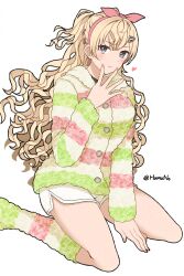  1girl absurdres black_choker blonde_hair choker commentary_request dolphin_shorts grey_eyes hairband hamuno highres hood hooded_jacket jacket kantai_collection minneapolis_(hinamatsuri)_(kancolle) minneapolis_(kancolle) minneapolis_kai_(kancolle) multicolored_jacket multicolored_socks pink_hairband shorts sleepwear socks solo striped_clothes striped_jacket striped_socks twitter_username two_side_up wavy_hair white_shorts 