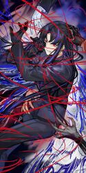  1girl 4others belt black_gloves black_hair blue_necktie blue_streaks blue_suit bound clenched_teeth commentary_request covering_face gloves highres hong_lu_(project_moon) limbus_company long_hair multicolored_hair multiple_others necktie nishikujic outis_(project_moon) pinky_(identity)_(project_moon) project_moon red_eyes rodion_(project_moon) ryoshu_(project_moon) streaked_hair string string_of_fate struggling suit teeth yi_sang_(project_moon) 