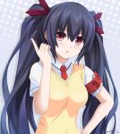  &gt;:d :d armlet artist_name black_hair blush breasts choujigen_game_neptune clip collared_shirt grey_background hair_between_eyes hair_ribbon keenh long_hair looking_at_viewer necktie neptune_(series) noire open_mouth red_eyes red_necktie red_ribbon ribbon shirt sidelocks simple_background smile sweater_vest tareme twintails upper_body very_long_hair white_shirt 