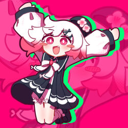  1girl :d belt beret black_coat black_hat black_shoes blush_stickers coat collared_coat commentary_request dekasurume drop_shadow fang flower flower-trimmed_shorts flower-trimmed_sleeves frilled_socks frills gradient_hair hair_flower hair_ornament hat hat_flower hat_ribbon long_sleeves looking_at_viewer mahou_shoujo_no_majo_saiban multicolored_hair neck_ribbon o-ring o-ring_thigh_strap open_mouth pants pink_background pink_eyes pink_hair ribbon sakuraba_ema shirt shoes short_hair shorts sleeveless sleeveless_coat smile socks solo thigh_strap white_flower white_hair white_pants white_ribbon white_shirt white_shorts white_sleeves white_socks x_hair_ornament zoom_layer 