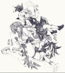  3girls arrow_print ascot blush bow bowtie braid carbohydrate_(asta4282) character_name collared_shirt commentary_request cone_horns dress full_body greyscale hair_ribbon highres holding holding_wrench horns kijin_seija loafers long_hair long_sleeves looking_at_viewer monochrome multicolored_hair multiple_girls one-hour_drawing_challenge open_mouth print_dress puffy_short_sleeves puffy_sleeves ribbon rika_(touhou) rumia sandals shirt shoes short_sleeves shorts skirt small_horns smile socks streaked_hair tongue tongue_out touhou touhou_(pc-98) traditional_media twin_braids vest wrench 