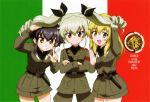  3girls anchovy armband belt black_hair black_shirt blonde_hair braid brown_eyes carpaccio copyright_name cowboy_shot crossed_arms dress_shirt drill_hair emblem flag_background food girls_und_panzer green_eyes green_hair grin hair_ribbon holding_another&#039;s_hair italian_flag jacket knife long_hair long_sleeves miniskirt multiple_girls necktie official_art open_mouth pants pencil_skirt pepperoni_(girls_und_panzer) pizza red_eyes ribbon scan shirt short_hair side_braid skirt smile twin_drills twintails w waving 