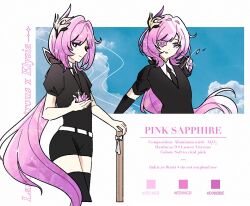 1girl 8tartt alternate_breast_size_(smaller) belt black_necktie black_shirt black_shorts black_thighhighs blue_eyes blue_sky breasts commentary crystal crystal_flower elysia_(honkai_impact) english_text gem_uniform_(houseki_no_kuni) highres holding holding_crystal honkai_(series) honkai_impact_3rd houseki_no_kuni long_hair necktie pink_hair shirt shorts sky small_breasts thigh-highs thighs very_long_hair white_belt 