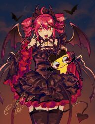 ahoge bat_(animal) black_bonnet black_dress blush_stickers bonnet cloudlymee crossover demon demon_girl demon_horns demon_tail demon_wings dress drill_hair fangs frilled_dress frilled_hairband frills gothic_lolita hairband highres horns kasane_teto lolita_fashion lolita_hairband mametchi moon night red_eyes red_hair tail tamagotchi twin_drills utau v wings 