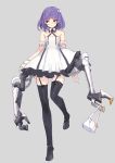  1girl arm_garter bag bare_shoulders black_legwear carrying carrying_bag dress extra_arms full_body garter_straps glasses grey_background looking_to_the_side mechanical_arms original pump_(artist) purple_hair simple_background solo thigh-highs violet_eyes 