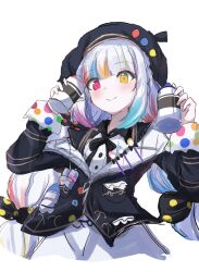  1girl beret black_hat black_jacket bow carro_veloce_cv-33 collared_shirt colored_tips commentary_request contrast_collar dot_nose hair_bow hat heterochromia highres jacket jacket_partially_removed jogasaki_noah kenpopor18 long_hair long_sleeves looking_at_viewer mahou_shoujo_no_majo_saiban military_vehicle motor_vehicle multi-tied_hair multicolored_eyes multicolored_hair neck_ribbon off_shoulder paintbrush polka_dot polka_dot_bow red_eyes ribbon shirt simple_background skirt smile solo spray_can streaked_hair tank upper_body white_background white_hair white_shirt white_skirt yellow_eyes 