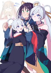  4girls absurdres amtkmituki animal_ear_fluff animal_ears bare_shoulders blue_eyes blue_kimono blush cho_kaguya-hime! commentary_request crescent crescent_hair_ornament double_arm_hug floppy_ears forehead_jewel fox_ears fox_girl girl_sandwich green_eyes hair_ornament hair_rings hair_stick halterneck highres hood hoodie hug japanese_clothes kaguya_(cho_kaguya-hime!) kimono long_hair long_sleeves lop_rabbit_ears multicolored_hair multiple_girls open_mouth rabbit_ears runami_yachiyo runami_yachiyo_(chibi) runami_yachiyo_(tsukuyomi) sakayori_iroha sakayori_iroha_(tsukuyomi) sandwiched short_hair smile twintails white_background white_hair yuri 