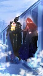  1boy 2girls absurdres ahoge alternate_universe artist_name baby black_cloak black_coat black_gloves black_hair black_helmet cape capitano_(genshin_impact) carrying carrying_baby carrying_person child_carry chromatic_aberration cloak coat commentary dress earmuffs english_commentary father_and_child father_and_daughter fur_trim genshin_impact gloves helmet highres holding_hands hood hood_up if_they_mated long_hair long_sleeves looking_at_another mavuika_(genshin_impact) mother_and_child mother_and_daughter multicolored_hair multiple_girls orange_hair outdoors parent_and_child red_hair scout-mochi snowing train very_long_hair 