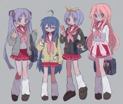  4girls :o absurdres ahoge arms_behind_back bag bag_charm blue_eyes blue_hair blush bow bow_hairband brown_shoes cardigan cat_ornament cellphone charm_(object) chromatic_aberration closed_mouth clothes_around_waist commentary double-parted_bangs film_grain flip_phone glasses grey_background grey_cardigan hair_between_eyes hair_ribbon hairband highres hiiragi_kagami hiiragi_tsukasa holding_strap izumi_konata keroro kiltie_loafers leg_warmers long_hair looking_at_phone looking_at_viewer lucky_star miniskirt mole mole_under_eye multiple_girls open_mouth parted_bangs phone pink_hair pink_sailor_collar purple_hair ri_(qrcode) ribbon round_eyewear ryouou_school_uniform sailor_collar school_bag school_uniform serafuku shirt shoes short_hair siblings simple_background sisters skirt smile sweater sweater_around_waist takara_miyuki twintails v very_long_hair violet_eyes white_shirt yellow_bow yellow_cardigan yellow_hairband 
