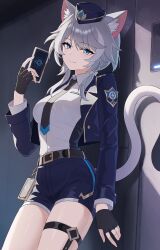  1girl absurdres anima_miko animal_ears belt black_belt black_necktie blue_eyes blue_jacket blue_shorts cat_ears cat_tail cipher_(honkai:_star_rail) commentary_request fingerless_gloves gloves grey_hair hat highres honkai:_star_rail honkai_(series) jacket light_smile necktie shirt shorts tail white_shirt 