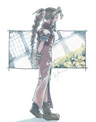  1girl aerith_gainsborough arm_behind_back boots bracelet braid braided_ponytail brown_boots closed_eyes dress drill_hair drill_sidelocks final_fantasy final_fantasy_vii flower from_side full_body hair_ribbon jacket jewelry long_hair michibata_65 parted_bangs pink_dress pink_ribbon ponytail red_jacket ribbon short_sleeves sidelocks signature solo yellow_flower 