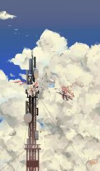  4girls absurdres alicorn_du_jiao angelina_(arknights) angelina_the_mellow_wish_(arknights) animal_ears arknights box brown_hair chinese_commentary clouds commentary_request day floating_hair flying fox_ears fox_girl hair_between_eyes hairband highres ice_cream_cone jacinta_(arknights) long_hair making-of_available multiple_girls open_mouth outdoors pink_eyes pink_hair rabbit_ears rabbit_girl raccoon_ears raccoon_girl signature sitting sky smile staff_riding standing thumpy_(arknights) timeslot_(arknights) transmission_tower twintails very_long_hair wide_shot 