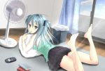  1girl alexmaster black_skirt blue_eyes blue_hair food frilled_skirt frills handheld_game_console ice_cream indoors long_hair looking_at_viewer lying on_back original playstation_portable skirt solo 