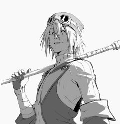  1boy absurdres bandana commentary_request evil_smile gloves goggles goggles_on_head goggles_on_headwear greyscale hair_between_eyes highres holding kinokohead2121 looking_at_viewer male_focus missing_tooth monochrome simple_background sketch smile solo sweater teeth tsav_(yuushakei_ni_shosu) turtleneck turtleneck_sweater upper_body weapon weapon_across_shoulders white_background yuushakei_ni_shosu 