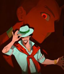  2boys absurdres ace_attorney apollo_justice beard between_fingers black-framed_eyewear bowler_hat bracelet brown_hair center_frills chromatic_aberration closed_mouth coin collarbone collared_shirt collared_vest commentary cross_scar expressionless facial_hair forehead frills gold_bracelet gold_coin gold_necklace grin hand_on_headwear hat highres holding holding_coin jewelry light_frown magic_trick male_focus multiple_boys mustache necklace nervous nervous_smile one_eye_covered outstretched_arm pendant phoenix_wright:_ace_attorney_-_spirit_of_justice pointy_nose red_background red_eyes red_scarf red_theme red_vest roger_retinz saman_zero7 scar scar_on_arm scarf shirt short_hair short_sleeves simple_background size_difference sleeve_cuffs smile sunglasses thick_eyelashes tinted_eyewear untranslatable_commentary upper_body vest white_hat white_shirt yellow-tinted_eyewear 