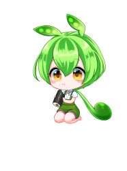 1girl :i absurdres barefoot blush_stickers chibi chibi_only closed_mouth double-parted_bangs edomura_niniko ehoumaki food food_on_face full_body green_hair green_shorts hair_between_eyes highres holding holding_food long_hair low_ponytail makizushi neck_ribbon official_art orange_eyes pink_ribbon ponytail ribbon seiza shirt short_sleeves shorts simple_background sitting solo sushi suspenders transparent_background voicevox white_shirt zundamon 
